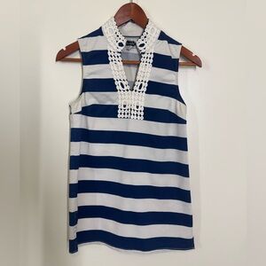 Mud Pie Navy and White Striped Sleeveless Tunic with Crochet V Neck Sz Small